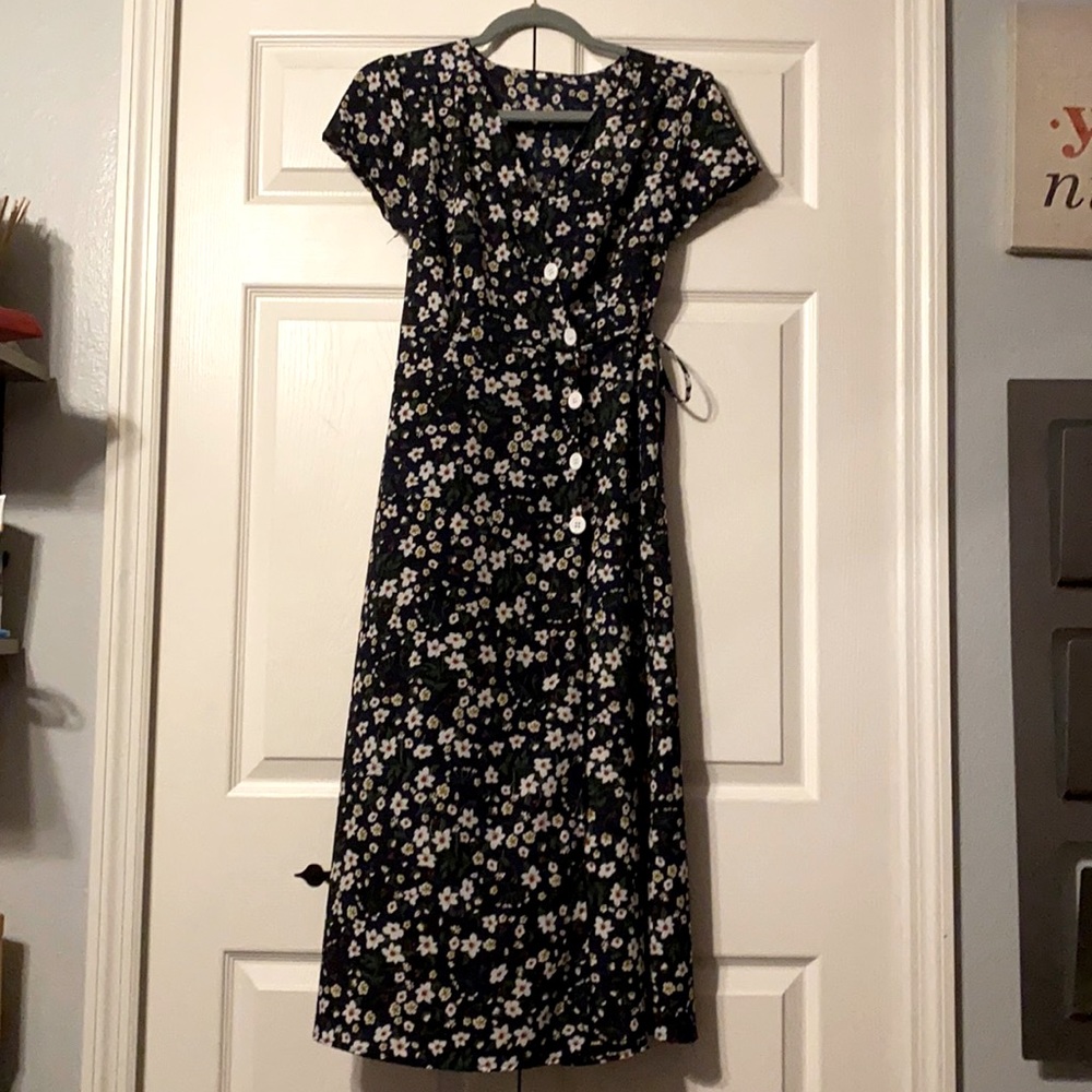 Navy floral midi wrap dress